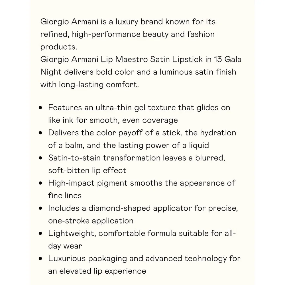Giorgio Armani Lip Maestro Satin Lipstick Shade 13‎ Gala Night New